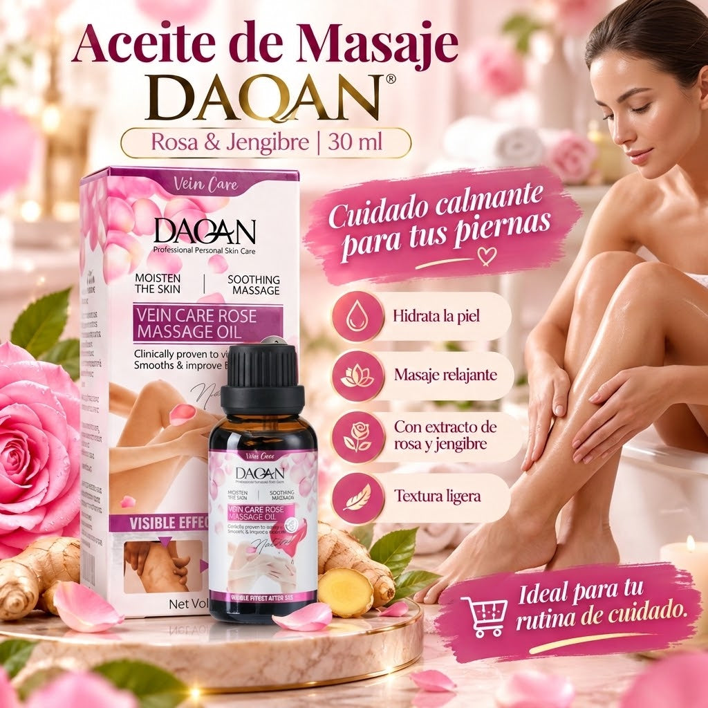 Aceite de Masaje DAQAN Rosa & Jengibre para Piernas – 30 ml