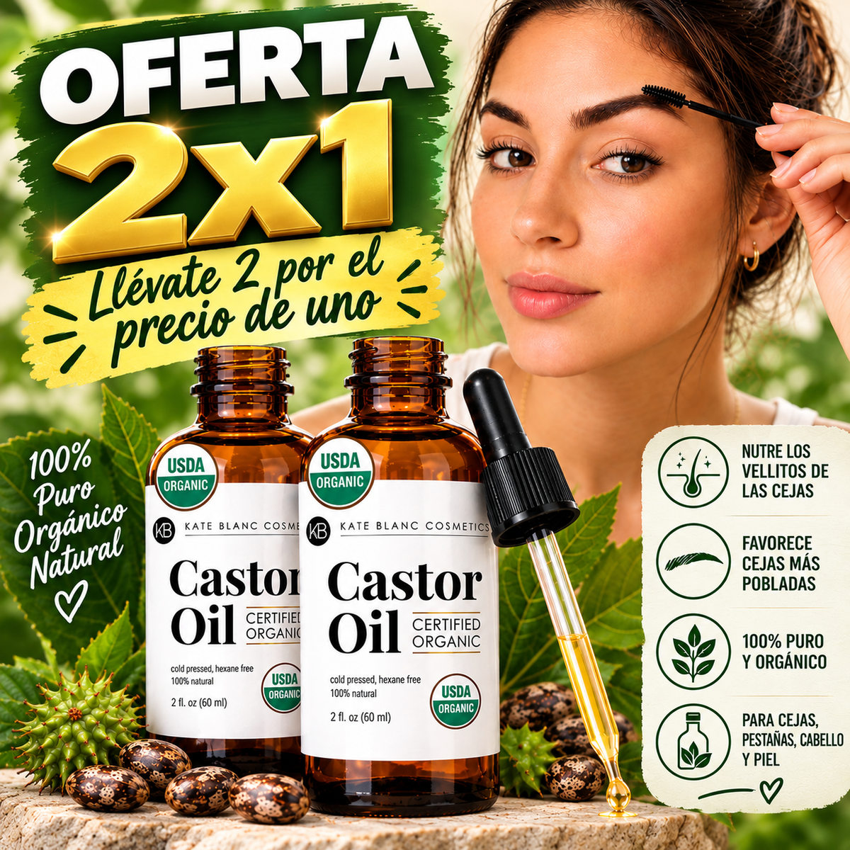 2x1 Aceite de Ricino Puro y Orgánico + Cepillos Aplicadores