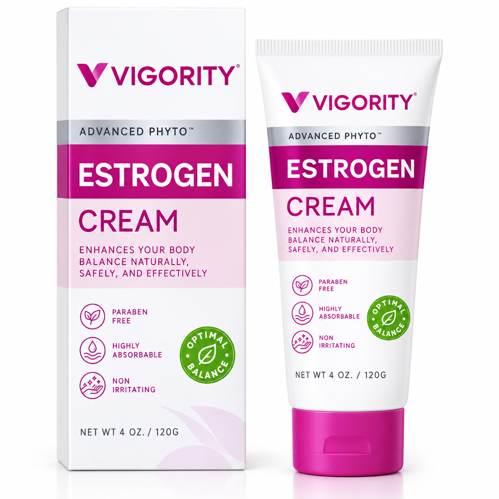Vigority Estrogen Cream - Tubo y caja con diseño rosa y morado, 4oz 120g