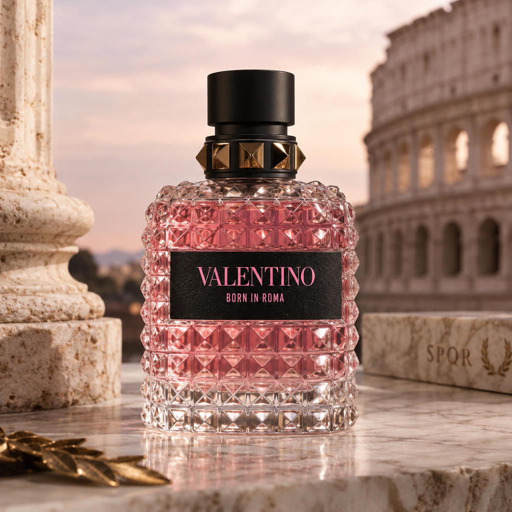 Valentino Born in Roma - Perfume masculino con frasco transparente y detalles dorados