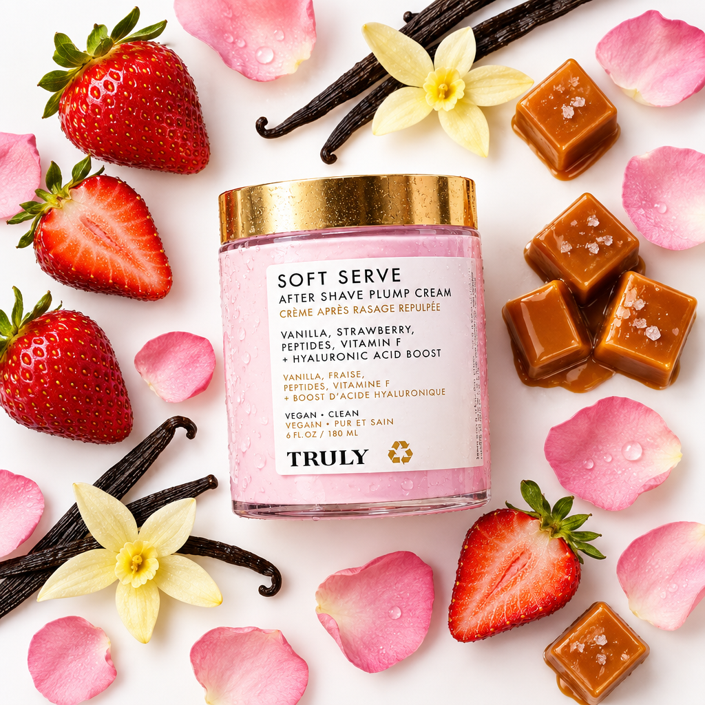 Flat lay crema corporal Truly Soft Serve con ingredientes naturales